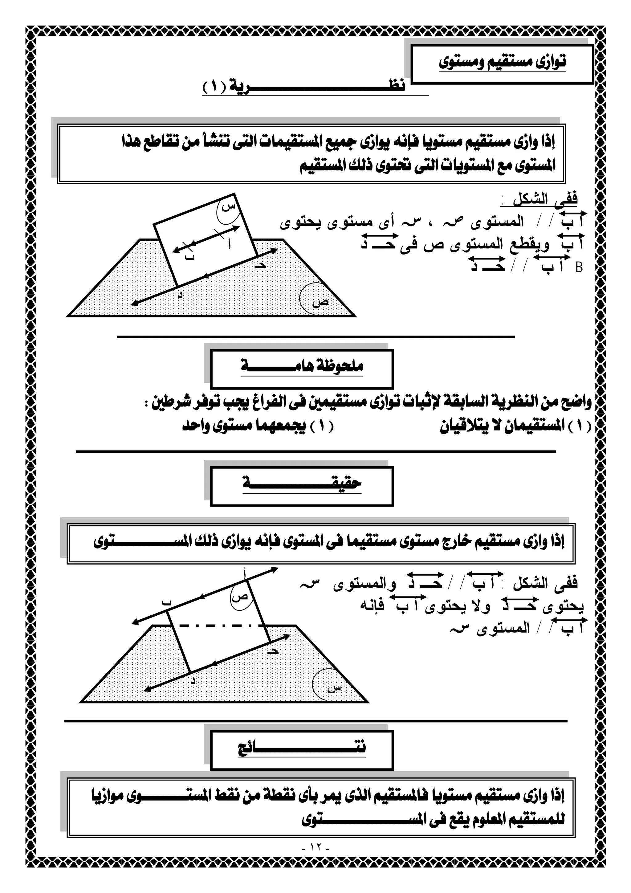   
 
  
  
ففى الشكل : 
أ ب / / المستوى ص ، س أى مستوى يحتوى 
أ ب ويقطع المستوى ص فى حـ د 
أ ب / / حـ د B 
س 
ــــــــــــــــــــــــــــــــــ 
  
     
ـــــــــــــــــــــــــــــــــــــــــ 
ففى الشكل : أ ب / / حـ د والمستوى س 
يحتوى حـ د ولا يحتوى أ ب فإنه 
أ ب / / المستوى س 
أ 
ص 
ـــــــــــــــــــــــــــــــــــــــــــ 
- ١٢ - 
أ 
حـ ب 
ص د 
 
 
  
حـ 
س د 
ب 
 
  
  
 