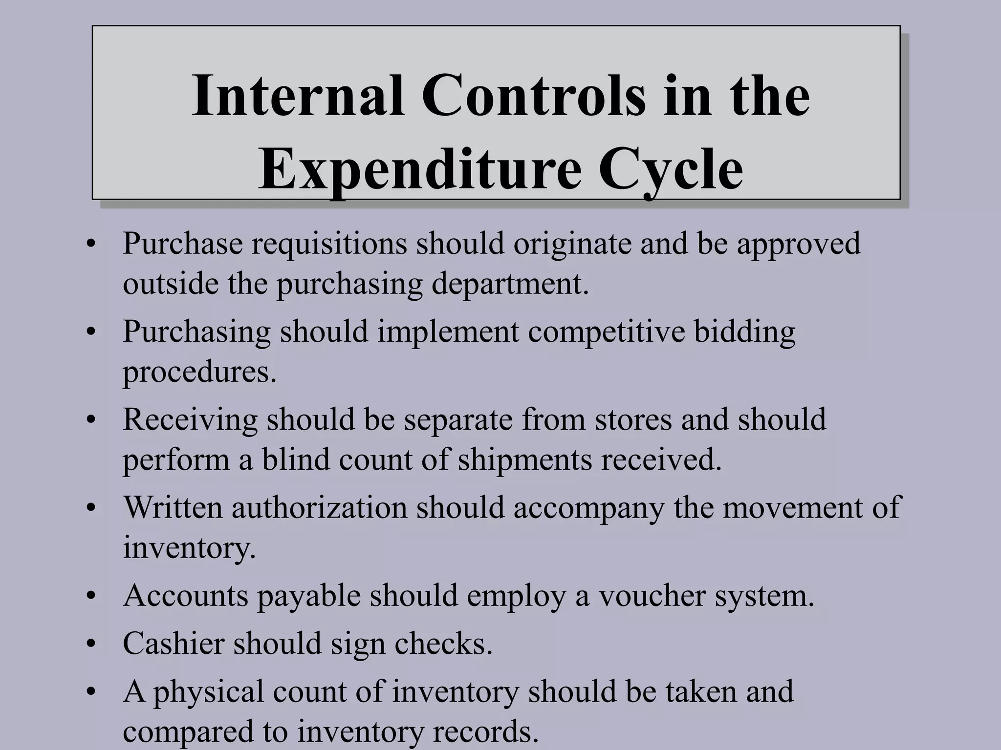 Internal Controls in the
Expenditure Cycle
• Purchase requisitions should originate and be approved
outside the purchasing department.
• Purchasing should implement competitive bidding
procedures.
• Receiving should be separate from stores and should
perform a blind count of shipments received.
• Written authorization should accompany the movement of
inventory.
• Accounts payable should employ a voucher system.
• Cashier should sign checks.
• A physical count of inventory should be taken and
compared to inventory records.
 