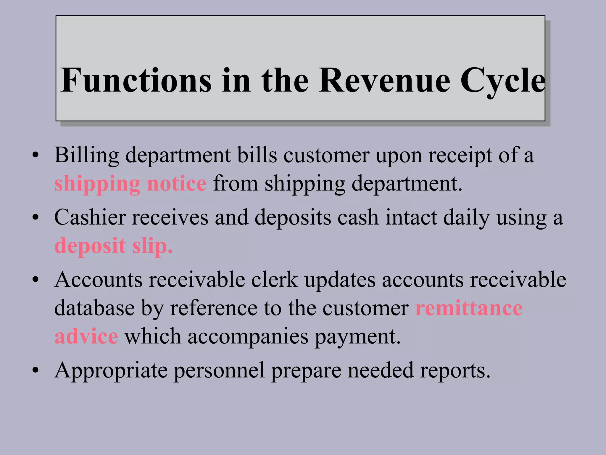 Functions in the Revenue Cycle
• Billing department bills customer upon receipt of a
shipping notice from shipping department.
• Cashier receives and deposits cash intact daily using a
deposit slip.
• Accounts receivable clerk updates accounts receivable
database by reference to the customer remittance
advice which accompanies payment.
• Appropriate personnel prepare needed reports.
 