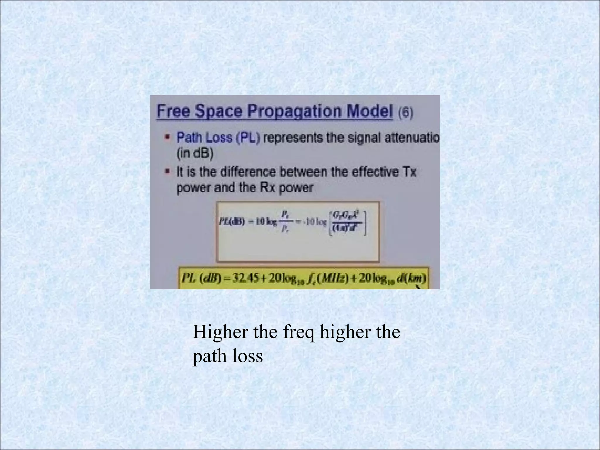 Higher the freq higher the
path loss
 