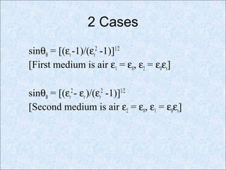 2 Cases
sinθB = [(εr-1)/(εr
2
-1)]1/2
[First medium is air ε1 = ε0, ε2 = ε0εr]
sinθB = [(εr
2
- εr)/(εr
2
-1)]1/2
[Second medium is air ε2 = ε0, ε1 = ε0εr]
 