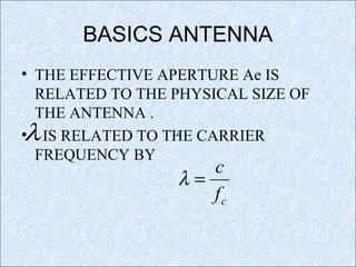 BASICS ANTENNA
• THE EFFECTIVE APERTURE Ae IS
RELATED TO THE PHYSICAL SIZE OF
THE ANTENNA .
• IS RELATED TO THE CARRIER
FREQUENCY BY
cf
c
=λ
λ
λ
 