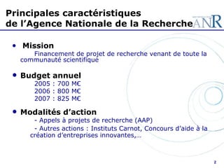 2
• Mission
Financement de projet de recherche venant de toute la
communauté scientifique
• Budget annuel
2005 : 700 M€
20...