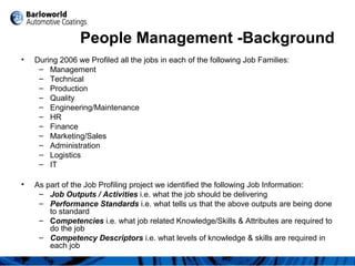 People Management -Background
• During 2006 we Profiled all the jobs in each of the following Job Families:
– Management
– Technical
– Production
– Quality
– Engineering/Maintenance
– HR
– Finance
– Marketing/Sales
– Administration
– Logistics
– IT
• As part of the Job Profiling project we identified the following Job Information:
– Job Outputs / Activities i.e. what the job should be delivering
– Performance Standards i.e. what tells us that the above outputs are being done
to standard
– Competencies i.e. what job related Knowledge/Skills & Attributes are required to
do the job
– Competency Descriptors i.e. what levels of knowledge & skills are required in
each job
 