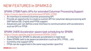 NEW FEATURES in SPARK3.0
SPARK-27396 Public APIs for extended Columnar Processing Support
https://issues.apache.org/jira/browse/SPARK-27396
▪ An interface to extend columnar processing API
▪ Provide an opportunity to create a custom API for columnar data processing with
OAP Native SQL Engine and FPGA support
▪ Advanced user can define a new interface to communication with accelerators
such as GPU or FPGA
SPARK-24615 Accelerator-aware task scheduling for SPARK
https://issues.apache.org/jira/browse/SPARK-24615
▪ An interface for SPARK to allocate accelerators in task level
▪ Make SPARK task to be aware accelerators such as GPU, FPGA, …etc
▪ Currently only support GPU
▪ FPGA can be supported in the same way (vendor specific)
 