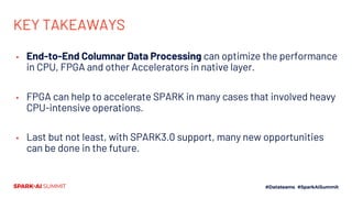 KEY TAKEAWAYS
▪ End-to-End Columnar Data Processing can optimize the performance
in CPU, FPGA and other Accelerators in native layer.
▪ FPGA can help to accelerate SPARK in many cases that involved heavy
CPU-intensive operations.
▪ Last but not least, with SPARK3.0 support, many new opportunities
can be done in the future.
 