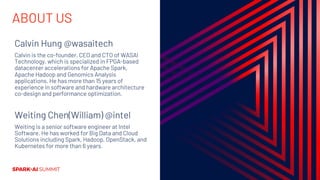 ABOUT US
Calvin Hung @wasaitech
Calvin is the co-founder, CEO and CTO of WASAI
Technology, which is specialized in FPGA-based
datacenter accelerations for Apache Spark,
Apache Hadoop and Genomics Analysis
applications. He has more than 15 years of
experience in software and hardware architecture
co-design and performance optimization.
Weiting Chen(William) @intel
Weiting is a senior software engineer at Intel
Software. He has worked for Big Data and Cloud
Solutions including Spark, Hadoop, OpenStack, and
Kubernetes for more than 6 years.
 