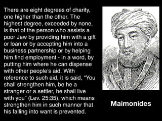 There are eight degrees of charity,
one higher than the other. The
highest degree, exceeded by none,
is that of the person who assists a
poor Jew by providing him with a gift
or loan or by accepting him into a
business partnership or by helping
him ﬁnd employment - in a word, by
putting him where he can dispense
with other people's aid. With
reference to such aid, it is said, “You
shall strengthen him, be he a
stranger or a settler, he shall live
with you” (Lev. 25:35), which means
strengthen him in such manner that
his falling into want is prevented.
Maimonides
 