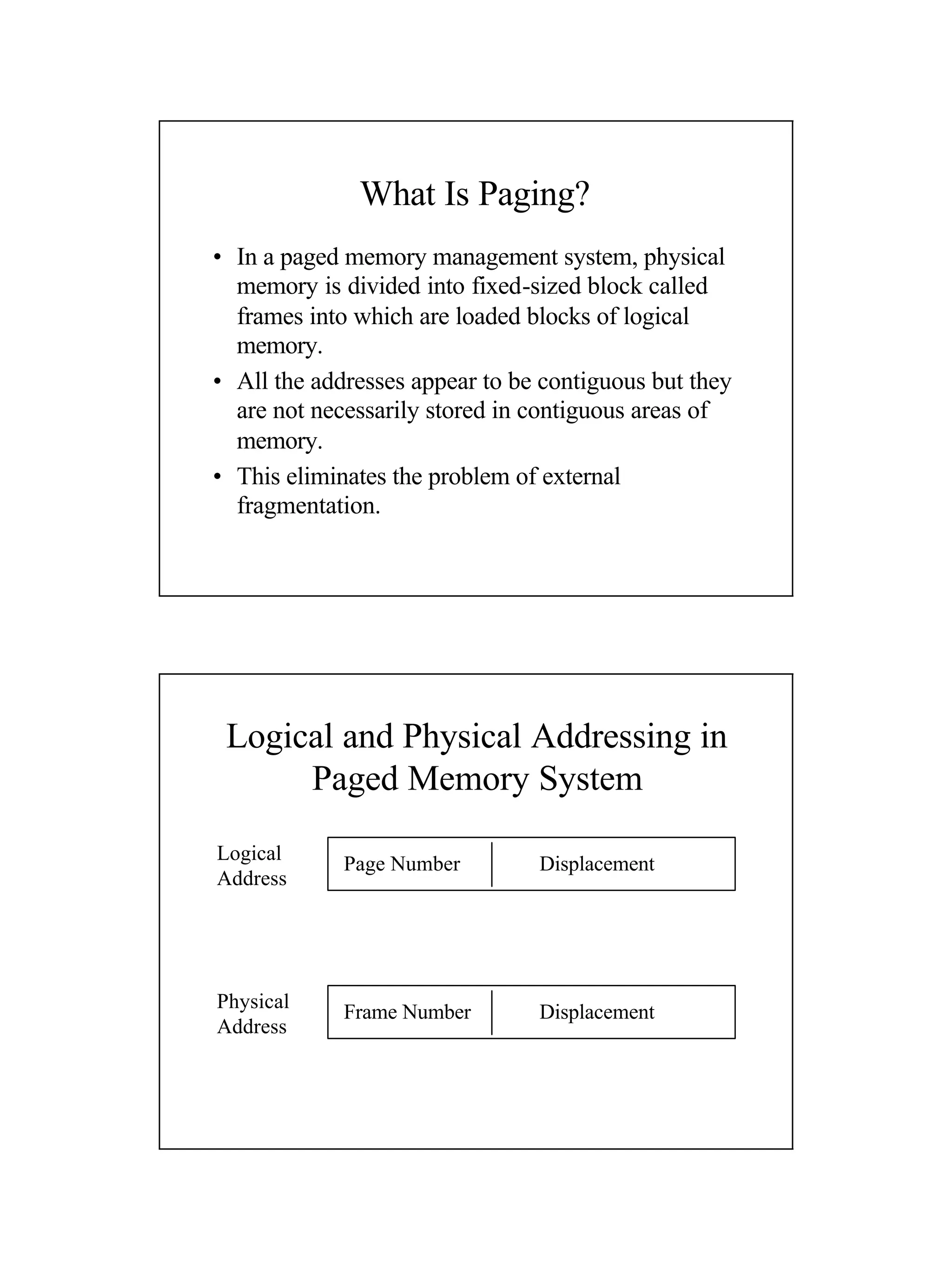 What Is Paging?
• In a paged memory management system, physical
memory is divided into fixed-sized block called
frames into which are loaded blocks of logical
memory.
• All the addresses appear to be contiguous but they
are not necessarily stored in contiguous areas of
memory.
• This eliminates the problem of external
fragmentation.
Logical and Physical Addressing in
Paged Memory System
Logical
Address
Physical
Address
Displacement
Page Number
Frame Number Displacement
 