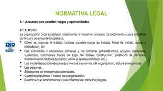 NORMATIVA LEGAL
6.1. Acciones para abordar riesgos y oportunidades
6.1.1. IPERO
La organización debe establecer, implementar y mantener procesos (procedimientos) para identificar
continua y proactiva de los peligros:
 Cómo se organiza el trabajo, factores sociales (carga de trabajo, horas de trabajo, acoso e
intimidación, etc.
 Las actividades y situaciones rutinarias y no rutinarias (infraestructura, equipos, materiales,
sustancias, condiciones físicas del lugar de trabajo, construcción, prestación de servicios,
mantenimiento, factores humanos, cómo se realiza el trabajo, etc.).
 Los incidentes/accidentes pasados internos o externos a la organización, incluye emergencias.
 Las personas.
 Situaciones de emergencias potenciales.
 Cambios propuestos o reales en la organización.
 Cambios en el conocimiento y en la información sobre los peligros.
 