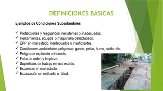 DEFINICIONES BÁSICAS
Ejemplos de Condiciones Subestandares
 Protecciones y resguardos inexistentes o inadecuados.
 Herramientas, equipos o maquinaria defectuosos.
 EPP en mal estado, inadecuados o insuficientes.
 Condiciones ambientales peligrosas: gases, polvo, humo, ruido, etc.
 Peligro de explosión o incendio.
 Falta de orden y limpieza.
 Superficies de trabajo en mal estado.
 Escaleras en mal estado.
 Excavación sin entibado o talud.
 