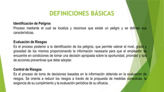 DEFINICIONES BÁSICAS
Identificación de Peligros
Proceso mediante el cual se localiza y reconoce que existe un peligro y se definen sus
características.
Evaluación de Riesgos
Es el proceso posterior a la identificación de los peligros, que permite valorar el nivel, grado y
gravedad de los mismos proporcionando la información necesaria para que el empleador se
encuentre en condiciones de tomar una decisión apropiada sobre la oportunidad, prioridad y tipo
de acciones preventivas que debe adoptar.
Control de Riesgos
Es el proceso de toma de decisiones basadas en la información obtenida en la evaluación de
riesgos. Se orienta a reducir los riesgos a través de la propuesta de medidas correctivas, la
exigencia de su cumplimiento y la evaluación periódica de su eficacia.
 