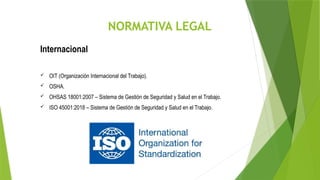 NORMATIVA LEGAL
Internacional
 OIT (Organización Internacional del Trabajo).
 OSHA.
 OHSAS 18001:2007 – Sistema de Gestión de Seguridad y Salud en el Trabajo.
 ISO 45001:2018 – Sistema de Gestión de Seguridad y Salud en el Trabajo.
 
