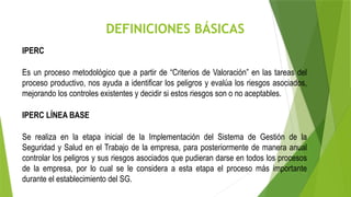 DEFINICIONES BÁSICAS
IPERC
Es un proceso metodológico que a partir de “Criterios de Valoración” en las tareas del
proceso productivo, nos ayuda a identificar los peligros y evalúa los riesgos asociados,
mejorando los controles existentes y decidir si estos riesgos son o no aceptables.
IPERC LÍNEA BASE
Se realiza en la etapa inicial de la Implementación del Sistema de Gestión de la
Seguridad y Salud en el Trabajo de la empresa, para posteriormente de manera anual
controlar los peligros y sus riesgos asociados que pudieran darse en todos los procesos
de la empresa, por lo cual se le considera a esta etapa el proceso más importante
durante el establecimiento del SG.
 
