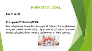 NORMATIVA LEGAL
Ley N° 29783
Principio de Protección (N° 09)
Los trabajadores tienen derecho a que el Estado y los empleadores
aseguren condiciones de trabajo dignas que les garanticen un estado
de vida saludable, física, mental y socialmente, en forma continua.
 