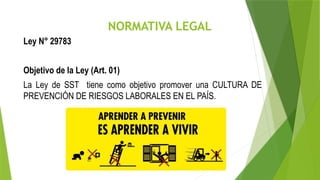 NORMATIVA LEGAL
Ley N° 29783
Objetivo de la Ley (Art. 01)
La Ley de SST tiene como objetivo promover una CULTURA DE
PREVENCIÓN DE RIESGOS LABORALES EN EL PAÍS.
 