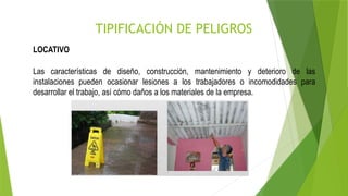 TIPIFICACIÓN DE PELIGROS
LOCATIVO
Las características de diseño, construcción, mantenimiento y deterioro de las
instalaciones pueden ocasionar lesiones a los trabajadores o incomodidades para
desarrollar el trabajo, así cómo daños a los materiales de la empresa.
 
