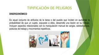 TIPIFICACIÓN DE PELIGROS
DISERGONÓMICO
Es aquel conjunto de atributos de la tarea o del puesto que inciden en aumentar la
probabilidad de que un sujeto, expuesto a ellos, desarrolle una lesión en su trabajo.
Incluyen aspectos relacionados con la manipulación manual de cargas, sobresfuerzos,
posturas de trabajo y movimientos repetitivos.
 