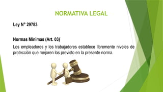 NORMATIVA LEGAL
Ley N° 29783
Normas Mínimas (Art. 03)
Los empleadores y los trabajadores establece libremente niveles de
protección que mejoren los previsto en la presente norma.
 