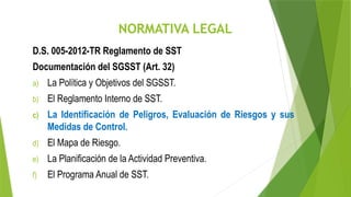NORMATIVA LEGAL
D.S. 005-2012-TR Reglamento de SST
Documentación del SGSST (Art. 32)
a) La Política y Objetivos del SGSST.
b) El Reglamento Interno de SST.
c) La Identificación de Peligros, Evaluación de Riesgos y sus
Medidas de Control.
d) El Mapa de Riesgo.
e) La Planificación de la Actividad Preventiva.
f) El Programa Anual de SST.
 