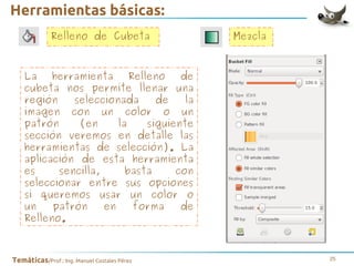 Herramientas básicas:
Relleno de Cubeta

Mezcla

La
herramienta
Relleno
de
cubeta nos permite llenar una
región
seleccionada
de
la
imagen con un color o un
patrón
(en
la
siguiente
sección veremos en detalle las
herramientas de selección). La
aplicación de esta herramienta
es
sencilla,
basta
con
seleccionar entre sus opciones
si queremos usar un color o
un
patrón
en
forma
de
Relleno.

Temáticas/Prof.: Ing. Manuel Costales Pérez

25

 