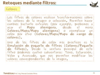 Retoques mediante filtros:
Colores
Los filtros de colores realizan transformaciones sobre
los colores de la imagen o selección. Permiten hacer
cambios bastante extraños (por ejemplo, probemos a
usar
el
Mapa
alienigena,
desde
el
menú
Colores/Mapa/Mapa alienigena) o reemplazar un
color por otro (Colores/Mapa/Mapa de rango de
colores).
Uno de los filtros de color más prácticos es la
Simulación de paquete de filtros (Colores/Paquete
de filtros). Desde la ventana principal de este
filtro podemos cuatro subventanas: Tono, Saturación,
Valor y Avanzado, que nos permiten modificar los
valores correspondientes de la imagen.

Temáticas/Prof.: Ing. Manuel Costales Pérez

53

 