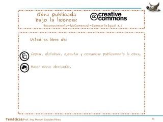 Obra publicada
bajo la licencia:

Reconocimiento-NoComercial-CompartirIgual 3.0

Usted es libre de:

Copiar, distribuir, ejecutar y comunicar públicamente la obra.
Hacer obras derivadas.

Temáticas/Prof.: Ing. Manuel Costales Pérez

61

 