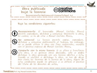 Obra publicada
bajo la licencia:

Reconocimiento-NoComercial-CompartirIgual 3.0

Bajo las condiciones siguientes:
Reconocimiento: El licenciador (Manuel Costales Pérez)
permite reproducir, distribuir y comunicar libremente la obra.
En cambio, se ha de citar a Manuel Costales Pérez.
No comercial: La licencia permite copiar, reproducir,
distribuir y comunicar públicamente el trabajo. Sin embargo,
no se puede utilizar la obra con fines comerciales, excepto
con el permiso expreso de Manuel Costales Pérez.
Compartir con la misma licencia: Si se altera o transforma
esta obra, o se generan obras derivadas, sólo se podrá
distribuir la obra generada con una licencia idéntica a ésta.
Cuando se reutilice o distribuya la obra, se han de dejar
bien claros los términos de la licencia de la obra. Alguna de
estas condiciones puede no aplicarse si se obtiene el permiso
del titular de los derechos de autor.

Temáticas/Prof.: Ing. Manuel Costales Pérez

62

 