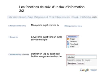 Les fonctions de suivi d'un flux d'information 2/2 Marquer le sujet comme lu Envoyer le sujet vers un autre service en ligne Donner un tag au sujet pour faciliter rangement/recherche 