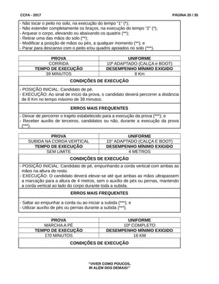 CCFA - 2017 PÁGINA 20 / 35
- Não tocar o peito no solo, na execução do tempo “1” (*);
- Não estender completamente os braços, na execução do tempo “2” (*);
- Arquear o corpo, elevando ou abaixando os quadris (**);
- Retirar uma das mãos do solo (**);
- Modificar a posição de mãos ou pés, a qualquer momento (**); e
- Parar para descanso com o peito e/ou quadris apoiados no solo (***).
PROVA UNIFORME
CORRIDA 10º ADAPTADO (CALÇA e BOOT)
TEMPO DE EXECUÇÃO DESEMPENHO MÍNIMO EXIGIDO
39 MINUTOS 8 Km
CONDIÇÕES DE EXECUÇÃO
- POSIÇÃO INICIAL: Candidato de pé.
- EXECUÇÃO: Ao sinal de início da prova, o candidato deverá percorrer a distância
de 8 Km no tempo máximo de 39 minutos.
ERROS MAIS FREQUENTES
- Deixar de percorrer o trajeto estabelecido para a execução da prova (***); e
- Receber auxílio de terceiros, candidatos ou não, durante a execução da prova
(***).
PROVA UNIFORME
SUBIDA NA CORDA VERTICAL 10° ADAPTADO (CALÇA E BOOT)
TEMPO DE EXECUÇÃO DESEMPENHO MÍNIMO EXIGIDO
SEM LIMITE 4 METROS
CONDIÇÕES DE EXECUÇÃO
- POSIÇÃO INICIAL: Candidato de pé, empunhando a corda vertical com ambas as
mãos na altura do rosto.
- EXECUÇÃO: O candidato deverá elevar-se até que ambas as mãos ultrapassem
a marcação para a altura de 4 metros, sem o auxílio de pés ou pernas, mantendo
a corda vertical ao lado do corpo durante toda a subida.
ERROS MAIS FREQUENTES
- Saltar ao empunhar a corda ou ao iniciar a subida (***); e
- Utilizar auxílio de pés ou pernas durante a subida (***).
PROVA UNIFORME
MARCHA A PÉ 10º COMPLETO
TEMPO DE EXECUÇÃO DESEMPENHO MÍNIMO EXIGIDO
170 MINUTOS 16 KM
CONDIÇÕES DE EXECUÇÃO
“VIVER COMO POUCOS,
IR ALÉM DOS DEMAIS!”
 