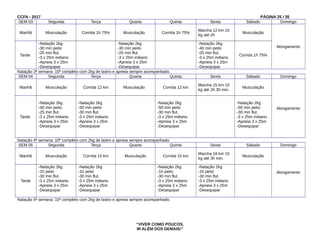 CCFA - 2017 PÁGINA 25 / 35
SEM 03 Segunda Terça Quarta Quinta Sexta Sábado Domingo
Manhã Musculação Corrida 1h 75% Musculação Corrida 1h 75%
Marcha 12 km 15
kg até 2h
Musculação
Alongamento
Tarde
-Natação 2kg
-30 min peito
-25 min flut.
-3 x 25m indiano.
-Apneia 3 x 25m
-Desequipar
-Natação 2kg
-30 min peito
-25 min flut.
-3 x 25m indiano
-Apneia 3 x 25m
-Desequipar
-Natação 2kg
-40 min peito
-25 min flut.
-3 x 25m indiano.
-Apneia 3 x 25m
-Desequipar
Corrida 1h 75%
Natação 3ª semana: 10º completo com 2kg de lastro e apneia sempre acompanhado.
SEM 04 Segunda Terça Quarta Quinta Sexta Sábado Domingo
Manhã Musculação Corrida 12 km Musculação Corrida 12 km
Marcha 15 km 15
kg até 2h 30 min.
Musculação
Alongamento
Tarde
-Natação 2kg
-40 min peito
-25 min flut.
-3 x 25m indiano.
-Apneia 3 x 25m
-Desequipar
-Natação 2kg
-50 min peito
-30 min flut.
-3 x 25m indiano.
-Apneia 3 x 25m
-Desequipar
-Natação 2kg
-50 min peito
-30 min flut.
-3 x 25m indiano.
-Apneia 3 x 25m
-Desequipar
-Natação 2kg
-50 min peito
-30 min flut.
-3 x 25m indiano.
-Apneia 3 x 25m
-Desequipar
Natação 4ª semana: 10º completo com 2kg de lastro e apneia sempre acompanhado.
SEM 05 Segunda Terça Quarta Quinta Sexta Sábado Domingo
Manhã Musculação Corrida 15 km Musculação Corrida 15 km
Marcha 18 km 15
kg até 3h min.
Musculação
Alongamento
Tarde
-Natação 2kg
-1h peito
-30 min flut.
-3 x 25m indiano.
-Apneia 3 x 25m
-Desequipar
-Natação 2kg
-1h peito
-30 min flut.
-3 x 25m indiano.
-Apneia 3 x 25m
-Desequipar
-Natação 2kg
-1h peito
-30 min flut.
-3 x 25m indiano.
-Apneia 3 x 25m
-Desequipar
-Natação 2kg
-1h peito
-30 min flut.
-3 x 25m indiano.
-Apneia 3 x 25m
-Desequipar
Natação 5ª semana: 10º completo com 2kg de lastro e apneia sempre acompanhado.
“VIVER COMO POUCOS,
IR ALÉM DOS DEMAIS!”
 