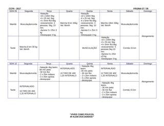 CCFA - 2017 PÁGINA 27 / 35
SEM 09 Segunda Terça Quarta Quinta Sexta Sábado Domingo
Manhã Musculação/corda
-Natação
-10 x 100m 6kg
-4 x 25 ind. 5kg
-4 x 5min flut 6kg
-revezamento: 3
pessoas, 5kg, 10
min.
-Apneia 3 x 25m 3
kg
-Desequipar 3 kg
Marcha 8 km 30kg
Vel. 6km/h
-Natação
-10 x 100m 6kg
-4 x 25 ind. 5kg
-4 x 5min flut 6kg
-revezamento: 3
pessoas, 5kg, 10
min.
-Apneia 3 x 25m 3
kg
-Desequipar 3 kg
Marcha 10km 30kg
Vel. 6km/h
Musculação/corda
Alongamento
Tarde
Marcha 8 km 30 kg
Vel. 6km/h
MUSCULAÇÃO
-Natação
-10 x 100m 6kg
-4 x 25 ind. 5kg
-4 x 5min flut 6kg
-revezamento: 3
pessoas 5kg 10
min.
-Apneia 3 x 25m
c/3 kg
-Desequipar 3 kg
Corrida 15 km
SEM 10 Segunda Terça Quarta Quinta Sexta Sábado Domingo
Manhã Musculação/corda
- Natação 4kg lastro.
-30 min peito
- 30 min flut.
- 2 x 25m indiano
- 3 x 25m apneia
- desequipar
INTERVALADO
10 TIRO DE 400
1,20 INTERVALO
- Natação 4kg
lastro.
-30 min peito
- 30 min flut.
- 2 x 25m indiano
- 3 x 25m apneia
- desequipar
INTERVALADO
12 TIRO DE 400
1,20 INTERVALO
Musculação/corda
Alongamento
Tarde
INTERVALADO
10 TIRO DE 400
1,20 INTERVALO
- Natação 4kg
lastro.
- 30 min peito
- 30 min flut.
- 2 x 25m indiano
- 3 x 25m apneia
- desequipar
Corrida 15 km
“VIVER COMO POUCOS,
IR ALÉM DOS DEMAIS!”
 