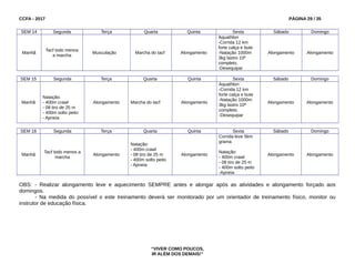 CCFA - 2017 PÁGINA 29 / 35
SEM 14 Segunda Terça Quarta Quinta Sexta Sábado Domingo
Manhã
Tacf todo menos
a marcha
Musculação Marcha do tacf Alongamento
Aquathlon
-Corrida 12 km
forte calça e bute
-Natação 1000m
3kg lastro 10º
completo.
-Desequipar
Alongamento Alongamento
SEM 15 Segunda Terça Quarta Quinta Sexta Sábado Domingo
Manhã
Natação:
- 400m crawl
- 08 tiro de 25 m
- 400m solto peito
- Apneia
Alongamento Marcha do tacf Alongamento
Aquathlon
-Corrida 12 km
forte calça e bute
-Natação 1000m
3kg lastro 10º
completo.
-Desequipar
Alongamento Alongamento
SEM 16 Segunda Terça Quarta Quinta Sexta Sábado Domingo
Manhã
Tacf todo menos a
marcha
Alongamento
Natação:
- 400m crawl
- 08 tiro de 25 m
- 400m solto peito
- Apneia
Alongamento
Corrida leve 5km
grama
Natação:
- 400m crawl
- 08 tiro de 25 m
- 400m solto peito
-Apneia
Alongamento Alongamento
OBS: - Realizar alongamento leve e aquecimento SEMPRE antes e alongar após as atividades e alongamento forçado aos
domingos.
- Na medida do possível o este treinamento deverá ser monitorado por um orientador de treinamento físico, monitor ou
instrutor de educação física.
“VIVER COMO POUCOS,
IR ALÉM DOS DEMAIS!”
 