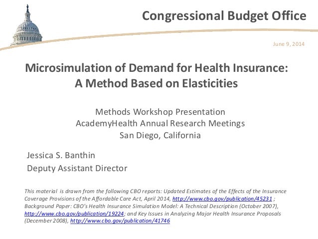 Congressional Budget Office
Microsimulation of Demand for Health Insurance:
A Method Based on Elasticities
Methods Worksho...