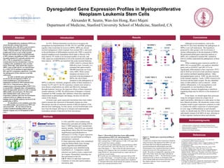 Dysregulated Gene Expression Profiles in Myeloproliferative
Neoplasm Leukemia Stem Cells
Alexander R. Seutin, Wan-Jen Hong, Ravi Majeti
Department of Medicine, Stanford University School of Medicine, Stanford, CA
Abstract Introduction Results Conclusions
In 1951, William Dameshek was the first to recognize the
unregulated myeloproliferation of CML, PV, ET, and PMF, grouping
together what would later be known as MPNs. MPNs are chronic
myeloid malignancies which originate from normal HSCs, and result
in the proliferation of differentiated myeloid cells: PMF is caused by
atypical megakaryocytic hyperplasia which leads to fibrosis of the
bone marrow, PV results in an increased number of red cells, and
CML causes an overproliferation of all of the myeloid cells inside the
bone marrow. All MPNs can transform into acute myeloid leukemia
(AML) which is a disease that is
difficult to treat. Currently, it is
estimated that approximately
200,000 Americans are living
with a MPN. While certain
mutations are known to be
involved in the development of
MPNs, the role of these
mutations in the pathogenesis of
MPNs is unknown. Similarly, prognostic utility of these mutations is
limited. For PV and ET, the life expectancy remains near normal as
most disease complications are safely and effectively managed
through treatment, however, the long term effects of these treatments
remains unknown. In PMF, the effectiveness of therapies is limited.
Treatment for PMF includes Jak2 inhibitors which have significant
improvement in splenomegaly and fatigue, but does not alter the
course of the disease.
In recent years, gene expression microarrays have been widely
used to measure the expression of thousands of genes at a time.
Microarrays provide an enormous amount of data but analysis of the
data has been challenging. For this reason, several bioinformatic tools
have been developed, allowing us to interpret and understand the
tremendous amount of data derived from microarrays.
Myeloproliferative neoplasms (MPNs) are
clonal disorders arising from normal
hematopoietic stem cells (HSCs) and can lead to
the development of acute myeloid leukemia
(AML). Classical MPNs are characterized by the
proliferation of one or more of the myeloid
lineages and include chronic myeloid leukemia
(CML), primary myelofibrosis (PMF), essential
thrombocythemia (ET) and polycythemia vera
(PV). CML is categorized by a reciprocal
translocation between chromosomes 9 and 22,
resulting in the constitutively active tyrosine
kinase, BCR/ABL. Other BCR/ABL-negative
MPNs, such as PMF and PV, are characterized
by a JAK2 V617F mutation in approximately
50% and 95% of patients respectively. Currently,
the pathogenesis of these diseases is not fully
understood.
In order to identify genes and pathways
involved in the development of MPNs, we
analyzed global gene expression data of
populations enriched for MPN leukemia stem
cells (LSCs). Using microarray data, we
compared gene expression profiles of MPN LSCs
to normal HSCs alongside other cell populations
found through public datasets in order to identify
differentially expressed genes. We then used
other bioinformatics tools, such as Gene
Expression Commons and Gene Set Enrichment
Analysis (GSEA) to validate our previous
findings and to identify pathways involved in the
proliferation of MPNs.
We identified several candidate genes that
were differentially expressed between MPN LSC
and normal HSC. We also showed that the
cytokine mediated signaling pathway and
immune response may be deregulated in MPN
LSCs.
1: LSCs and HSCs were isolated using
fluorescence activated cell sorting (FACS)
from 17 MPN patients and 5 normal bone
marrow samples. Total RNA was extracted
using RNeasy Micro Plus Kit from Qiagen.
Amplification and hybridization to
Affymetrix U133 Plus 2.0 gene expression
microarrays was performed according to
manufacturer’s protocol.
2: Gene expression values were normalized
using the Robust Multi-Array Average
(RMA) algorithm and differentially
expressed genes were identified using
GenePattern (2). Comparative marker
selection was used to create a surpervised
list of genes. Hierarchical clustering was
then performed on this list.
3 & 4: GSEA (3) and Gene Expression
Commons (4) were also used to analyze
microarray data.
•  1- World Health Organization (WHO). (2013). The 2008 WHO
classification system for myeloid neoplasms.
•  2- Reich M, Liefeld T, Gould J, Lerner J, Tamayo P, Mesirov JP (2006)
GenePattern 2.0 Nature Genetics 38 no. 5 (2006):pp500-501 doi:
10.1038/ng0506-500.
•  3- Subramanian, Tamayo, et al. (2005, PNAS 102, 15545-15550)
•  3- Mootha, Lindgren, et al. (2003, Nat Genet 34, 267-273).
•  4- Jun Seita, Debashis Sahoo, Derrick J. Rossi, Deepta Bhattacharya,
Thomas Serwold, Matthew A. Inlay, Lauren I. R. Ehrlich, John W.
Fathman, David L. Dill, Irving L. Weissman. (2012) Gene Expression
Commons: an open platform for absolute gene expression profiling.
PLoS ONE 7(7):e40321.
•  5- Huang DW, Sherman BT, Lempicki RA. Systematic and integrative
analysis of large gene lists using DAVID Bioinformatics Resources.
Nature Protoc. 2009;4(1):44-57.
•  5- Huang DW, Sherman BT, Lempicki RA. Bioinformatics enrichment
tools: paths toward the comprehensive functional analysis of large
gene lists. Nucleic Acids Res. 2009;37(1):1-13.
- 0 +
1 2
3
4
NES: 1.89
P-value: 0.0
FDR: 0.52
NES: 1.82
P-value: 0.0
FDR: 0.42
NES: 1.80
P-value: 0.0
FDR: 0.30
NES: 1.77
P-value: 0.0
FDR: 0.34
Figure 1: Hierarchical clustering of genes differentially
expressed between MPN LSC and normal HSC.
Each column represents microarray data obtained from LSCs or
HSCs isolated from 17 MPN patients (5 CML, 6 PV and 6 MF)
and 5 normal bone marrow samples.
A: 874 probe sets were differentially expressed between MPN
LSC and normal HSC with a false discovery rate (FDR) < 0.2
and a fold change > 2 . Bars on the left side represent gene
ontology (GO) categories that were enriched in selected clusters
using DAVID (5) and selected based on p values and rate of
occurrence in each cluster.
B: 93 probe sets were differentially expressed with an FDR <
0.15 and a fold change > 4. In both heat maps, red indicates up
regulation, white is neutral and blue signals down regulation.
C: Selected GSEA plots which indicate the quantity of enriched
genes and a running enrichment score.
Although several mutations, such as the
Jak2V617F, have been identified, the pathogenesis of
MPNs is not well understood. One hypothesis
proposed by other groups is the involvement of
chronic inflammation in the development of MPNs.
We performed global gene expression analysis of
MPN LSCs compared to normal HSC isolated by
FACS to further understand the pathogenesis of these
diseases.
When comparing gene expression profiles of
MPN LSCs to normal HSCs, our analyses identified
genes such as MAMDC2 and ABCA13 to be
significantly differentiated in their expression. IFIT2
and IL1RAP are involved in both interferon response
and cytokine mediated signaling pathway. Other
dysregulated genes such as TARP, are also involved
in the immune response,. Lastly, LEPR is known to be
involved with the leptin receptor. We also identified
many of other pathways such as annexin – which
inhibits inflammation- to be dysregulated as well.
Consequently we can hypothesize that anti-
inflammatory, immune strengthening or interferon
regulating drugs may be effective in the treatment of
MPNs.
In the future, we should repeat these processes
using less stringent criteria for a larger list of
supervised probes, allowing us to study genes we may
have filtered out before. We should also create a more
complete model in gene expression commons in order
to visualize the relative expression of selected genes
in every stage of differentiation in each disorder.
Lastly, we should study the GSEAs from each disease
individually instead of all MPNs at once, allowing us
to draw separate conclusion about each disorder.
•  California Institute of Regenerative Medicine (Funding Source)
•  Stanford Institutes of Medical Research Summer Internship Program
•  Stanford School of Medicine
•  Members of the Majeti Laboratory
LEPR
IL1R1
HCK
HLA-DRA
IL1RAP
CISH
HLA-DQB1
CCRL2 STAT4
HLA-DQB1
LOC100133583
IFITM1
PTPRC
DPP4
GLI2
IL2RA
APC
CASP3
ICOS
MPZL2
PF4
LEPR
IFIT2
CAV1
IFIT1
HLA-DQA1
AXL
IFIT3
TNFAIP3
PRDM16
FLT3
CCR7
SOD2
PTGER4
BLNK
TNFAIP3
TNFSF8
ITPKB
IL8
GPR183
IRAK3
Cytokinemediated
signalingpathway
Immunesystem
development
Tcellactivation///
Cytokinemediatedsignalingpathway
CMLLSC
CMLLSC
CMLLSC
CMLLSC
CMLLSC
PVLSC
MFLSC
MFLSC
MFLSC
MFLSC
MFLSC
MFLSC
PVLSC
PVLSC
PVLSC
PVLSC
PVLSC
NBMHSC
NBMHSC
NBMHSC
NBMHSC
NBMHSC
Figure 2: Absolute gene expression profiling of
MPN LSC.
A model was created in Gene Expression Commons
using microarray data obtained from MPN LSC and
microarray data from different populations of
normal hematopoietic differentiation and AML.
Selected genes were visualized showing its relative
expression across all of the populations in the
model. The probe set metaprofile, appearing on the
right of the model, shows the range (indicated by
Dynamic Range or “DR”) . The distribution of gene
expression levels is shown as a histogram. Red
colors indicate high and recurrent expression while
blue shades indicate a lower recurrence and
expression value.
AREGB
NR4A2
SLC2A3
AREG
SIK1
PALLD
KIAA1462
PDE4B
ANK3
ABCA13
PPP1R16B
LOC100302650
NR4A2
NR4A2
ST6GAL2
PCDH17
---
PCSK5
WIF1
SPON1
---
---
DNTT
DNTT
---
---
CXCL11
CXCL11
LOC144481
CLEC7A
CACNA1D
GAS2
SGMS2
TUBB6
SOCS2
MRC1
MRC1L1
FAM38B
GLI2
FAM38B
DPP4
RASA1
CISH
MARCKS
MARCKS
MARCKS
LEPR
LEPR
LEPR
LEPR
KCNK5
MEIS3P1
TUBAL3
VWF
CAV1
CD36
CNRIP1
MYCN
DPP10
S100A10
CRIP1
ANXA2
ANXA2
ANXA2
---
WDR49
DPYSL3
TSPAN2
TSPAN2
TSPAN2
CD9
PTPN14
HRASLS
REN
MAL
TM4SF1
TM4SF1
TARP
TARP
TARP
FAM83A
RXFP1
RXFP1
RXFP1
C1orf226
SYBU
C3orf59
NRXN3
ID1
---
MAF
MAF
MAMDC2
FLJ39632
CMLLSC
MFLSC
PVLSC
CMLLSC
CMLLSC
CMLLSC
CMLLSC
PVLSC
MFLSC
MFLSC
MFLSC
MFLSC
PVLSC
MFLSC
PVLSC
PVLSC
PVLSC
NBMHSC
NBMHSC
NBMHSC
NBMHSC
NBMHSC
Acknowledgments
References
Methods
GRANDVAUX IRF3 TARGETS UP DER IFN GAMMA RESPONSE UP
DER IFN ALPHA RESPONSE UP RAGHAVACHARI PLATELET SPECIFIC GENES
LEPR
DR: 8.54
CB
BM
CML
MF
PV
AML
IL1RAP
DR: 6.28
CB
BM
CML
MF
PV
AML
DR: 8.78
TARP, TRGC2
CB
BM
CML
MF
PV
AML
MAMDC2
DR: 7.31
CB
BM
CML
MF
PV
AML
ABCA13
DR: 7.48
CB
BM
CML
MF
PV
AML
IFIT2
DR: 8.47
CB
BM
CML
MF
PV
AML
(1)
 
