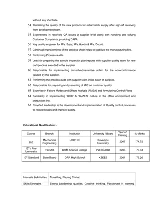 without any shortfalls.
54 Stabilizing the quality of the new products for initial batch supply after sign-off receiving
from development team.
55 Experienced in resolving QA issues at supplier level along with handling and solving
Customer Complaints, providing CAPA.
56 Key quality engineer for M/s. Bajaj, M/s. Honda & M/s. Ducati.
57 Continual improvements of the process which helps to stabilize the manufacturing line.
58 Performing Process audits.
59 Lead for preparing the sample inspection plan/reports with supplier quality team for new
part/process awarded to the supplier.
60 Responsible for implementing corrective/preventive action for the non-conformance
caused by the supplier.
61 Performing the process audit with supplier team initial batch of supplies.
62 Responsible for preparing and presenting of MIS on customer quality.
63 Expertise in Failure Modes and Effects Analysis (FMEA) and formulating Control Plans
64 Familiarity in implementing 'QCC' & ‘KAIZEN’ culture in the office environment and
production line.
65 Provided leadership in the development and implementation of Quality control processes
to reduce losses and improve quality.
Educational Qualification:-
Course Branch Institution University / Board
Year of
Passing
% Marks
B.E
Mechanical
Engineering
UBDTCE Kuvempu
University
2007 74.75
12th
/ Pre-
University
P.C.M.B DRM Science College PU BOARD 2003 70.33
10th
Standard State Board DRR High School KSEEB 2001 79.20
Interests & Activities Travelling, Playing Cricket.
Skills/Strengths Strong Leadership qualities, Creative thinking, Passionate in learning
 