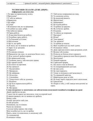 за партою тривалої пам'яті; низький рівень сформованості довільності
70 СПОСОБІВ СКАЗАТИ «ДУЖЕ ДОБРЕ»
(інформація для вчителів)
1.Ти зараз на правильному шляху.
2.Пречудове!
3.У тебе це вийшло.
4.Правильно.
5.Це добре.
6.Супер!
7.Я пишаюся тим, як ти працював.
8.Ти робиш це дуже добре.
9.Це набагато краще.
10.Гарна робота.
11.Я щаслива бачити цю роботу.
12.Ти робиш гарну роботу.
13.Ти близький до істини.
14.Мої вітання.
15.Це те, що треба.
16.Я знала, що ти можеш це зробити.
17.Зараз ти це зрозумів.
18.Нарешті!
19.Ти швидко вчишся.
20.Працюючи так само, ти досягнеш багато чого.
21.Я не зуміла б зробити краще.
22.Це правильний шлях.
23.З кожним днем у тебе виходить краще.
24.Це гарний спосіб.
25.Ти нічого не проґавив.
26.Так тримати!
27. Надзвичайно.
28. Прекрасно.
29. Це найкраще.
30. Остаточно.
31. Сенсаційно.
32. Тепер нічого тебе не зупинить.
33. Відмінно.
34. Це була першокласна робота.
35. Чудово.
36. Ще краще.
37. Твій мозок попрацював на славу.
38. Ти досягнеш успіху.
39. Це видатний винахід.
40. Фантастика!
41. Неймовірно!
42. Це чудова робота.
43. Ти робиш це красиво.
44. Як ти багато зробив.
45. Розумник.
46. Ти дійсно це покращив.
47. Прегарно!
48. Вітаю!
49. Твоя правда!
50. Так тримати!
51. Ти зробив це вчасно.
52. Мені подобається хід твоїх думок.
53. Я пишаюся тобою.
54. Дуже приємно вчити таких розумних дітей.
55. Велика тобі подяка.
56. Я ніколи не бачила нічого кращого.
57. Твоя робота принесла мені багато радості.
58. Молодчина!
59. Повний порядок.
60. Серйозний прорив.
61. Ось цього я ще не бачила.
62. Ти неперевершений сьогодні.
63. Це вже успіх.
64. Це твоя перемога.
65. Тепер ти відчуваєш свої можливості.
66. Ти справжній майстер.
67. Щиросердно рада за тебе.
68. Не можу навіть передати свого захоплення.
69. Грандіозно!
70. Я вірю в тебе, у тебе завжди виходитиме не
гірше.
Слова підтримки та заохочення для забезпечення позитивної емоційної атмосфери на уроці
Давай спробуємо ще раз.
У мене теж не одразу все виходило, тому не втрачай надії.
Я завжди вважала, що ти зможеш це зробити.
Повір у себе.
Я можу зрозуміти твій стан.
Я тебе розумію.
Я впевнена, що ти можеш.
Разом ми зможемо.
Сьогодні вийде краще, ніж учора.
Мені подобається те, що ти зробив.
Навіть, якщо ти помилишся, я допоможу тобі.
Ти талановитий.
Я пишаюся тобою.
 