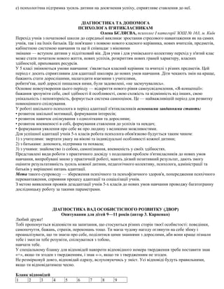 е) психологічна підтримка зусиль дитини на досягнення успіху, сприятливе ставлення до неї.
ДІАГНОСТИКА ТА ДОПОМОГА
ПСИХОЛОГА П'ЯТИКЛАСНИКАМ
Олена БЄЛЯЄВА, психолог І категорії ЗОШ № 163, м. Київ
Перехід учнів з початкової школи до середньої викликає зростання стресового навантаження як на самих
учнів, так і на їхніх батьків. Це пов'язано з появою нового класного керівника, нових вчителів, предметів,
кабінетною системою навчання та ще й співпадає з віковими
змінами — вступом дитини у підлітковий вік. Для учня і для учнівського колективу перехід у п'ятий клас
може стати початком нового життя, нових успіхів, розкриттям нових граней характеру, власних
здібностей, прихованих ресурсів.
У 5 класі змінюються умови навчання: з'являється класний керівник та вчителі з різних предметів. Цей
період є досить сприятливим для адаптації школяра до нових умов навчання. Діти чекають змін на краще,
бажають стати дорослішими, налагодити взаємини з учителями,
робити'так, щоб дорослі пишалися ними, були задоволені, «не засмучувались».
Основне новоутворення цього періоду — відкриття нового рівня самоусвідомлення, «Я-концепції»:
бажання зрозуміти себе, свої здібності й особливості, свою схожість та відмінність від інших, свою
унікальність і неповторність, формується система самооцінок. Це — найважливішій період для розвитку
повноцінного спілкування.
У роботі шкільного психолога в період адаптації п'ятикласників основними завданнями стають:
• розвиток шкільної мотивації, формування інтересів;
• розвиток навичок спілкування з однолітками та дорослими;
• розвиток впевненості в собі, формування ставлення до успіхів та невдач;
• формування уявлення про себе як про людину з великими можливостями.
Для успішної адаптації учнів 5-х класів робота психолога обов'язково будується таким чином:
1) з учителями: звертати увагу на вікові та індивідуальні особливості кожної дитини;
2) з батьками: допомога, підтримка та похвала;
3) з учнями: знайомство із собою, самопізнання, впевненість у своїх здібностях.
Представлені види роботи з практичного досвіду з подолання проблем п'ятикласників до нових умов
навчання, випробувані мною у практичній роботі, мають дієвий позитивний результат, дають змогу
оцінити результативність зусиль кожної дитини, педагогічного колективу, психолога, адміністрації та
батьків у вирішенні питань адаптації.
Мета такого супроводу — збереження психічного та психофізичного здоров'я, попередження психічного
перевантаження, сприяння процесу адаптації та соціалізації учнів.
З метою виявлення проявів дезадаптації учнів 5-х класів до нових умов навчання проводжу багатогранну
дослідницьку роботу за такими параметрами.
ДІАГНОСТИКА ВАД ОСОБИСТІСНОГО РОЗВИТКУ (ДВОР)
Опитування для дітей 9—11 років (автор 3. Карпенко)
Любий друже!
Тобі пропонується відповісти на запитання, що стосуються різних сторін твоєї особистості: поведінки,
самопочуття, бажань, страхів, переконань тощо. Ти маєш чудову нагоду оглянути на себе збоку і
проаналізувати, що ти знаєш про себе, поділитися цими знаннями з дорослими, аби вони краще пізнали
тебе і змогли тебе розуміти, спілкуватися з тобою,
навчати тебе.
У спеціальному бланку для відповідей навпроти відповідного номера твердження треба поставити знак
«+», якщо ти згоден з твердженням, і знак «-», якщо ти з твердженням не згоден.
Не розмірковуй довго, відповідай одразу, вслуховуючись у зміст. Усі відповіді будуть правильними,
якщо ти відповідатимеш чесно.
Бланк відповідей
1 2 3 4 5 6 7 8 9
 