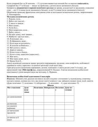 Коли сумарний бал за 20 запитань —13, суттєвим вважається низький бал за шкалою соціальність.
Сумарний бал 17 та більше — вказує на проблеми у дитини (коли заповнюють батьки).
Імовірність пограничного нервово-психічного розладу як прояву дезадаптації та труднощів у поведінці
учня — від 13 та вище (коли заповнюють батьки), та від 9 та вище (коли заповнюють вчителі).
Обов'язково проводжу фронтальне опитування учнів за методикою незакінчених речень, запропоноване
Л. Пономаренко.
Методика незакінчених речень
1. Я радію, коли...
2. Якби я міг (могла)...
3. У школі я завжди...
4. Мені цікаво...
5. Хотів би я...
6. Мені неприємно, коли...
7. Якби у школі...
8. На мою думку, мені заважає...
9. Майбутнє здається мені...
10. Я відчуваю, що...
11. Я ображаюся, якщо...
12. Коли мене не розуміють,...
13. Я хотів би позбавитись ...
14. Мої успіхи у школі...
15. Дорослі завжди...
16. Більш за все я боюся...
17. Коли я стану дорослим (дорослою)...
18. Моя мета...
19. Моя мама думає, що я...
20. Краще було б...
Аналіз відповідей допомагає краще зрозуміти переживання, труднощі, зони конфліктів, особливості
сприйняття «світу дорослих» та ціннісні орієнтації дітей цього віку.
Гарні результати визначення переживань дитини, пов'язаних зі своєю роллю учня 5-го класу, дає
проективний твір «Мій портфель», запропонований О. Осадько. З метою визначення особистісної
адаптованості учнів використовую ще методику А. Фурмана.
Визначення особистісної адаптованості школярів
Психолог. Шановні учні, реально погляньте на свої стосунки з оточенням і у відповідному стовпчику
поставте оцінки, залежно від того, яке місце в житті кожного з вас займають названі люди, події, заняття.
(Дуже позитивно +5, позитивно +4, нейтрально — 0, негативно —4, дуже негативно -5)
Школа
Моє ставлення Дуже
пози-
тивне
Позитивне Нейтральне Негативн
е
Дуже не-
гативне
до однокласників
до вчителів
до класного
керівника
до навчальних
предметів
до школи та її
вимог
 
