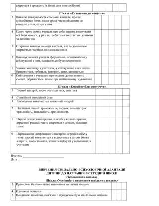 свариться і кривдить їх (інші діти п не люблять)
Шкала «Ставлення до вчителя»
5 Виявляє товариськість стосовно вчителя, прагне
сподобатися йому, після уроку часто підходить до
вчителя, спілкується з ним
4 Цінує гарну думку вчителя про себе, прагне виконувати
всі його вимоги, у разі потреби сама звертається до нього
за допомогою
3 Старанно виконує вимоги вчителя, але за допомогою
звертається частіше до однокласників
2 Виконує вимоги учителя формально, незацікавлена у
спілкуванні з ним, намагається бути непомітною
1 Уникає контакту з учителем, у спілкуванні з ним легко
бентежиться, губиться, говорить тихо, затинається
0 Спілкування з учителем призводить до негативних
емоцій, ображається, плаче при найменшому зауваженні
Шкала «Емоційне благополуччя»
5 Гарний настрій, часто посміхається, сміється
4 Спокійний емоційний стан
3 Епізодично виявляється знижений настрій
2 Негативні емоції: тривожність, смуток, інколи страх;
вразливість, запальність, дратівливість
1 Окремі депресивні прояви, плач без жодних причин;
агресивні реакції: часто свариться з дітьми, підвищує
голос
0 Переважання депресивного настрою; агресія (вибуху
гніву, злості) виявляється у відносинах з дітьми (може
вдарити, щось зламати, зчинити бійку) й у відносинах з
учителем
Вчитель __________________________
Дата _____________________
ВИВЧЕННЯ СОЦІАЛЬНО-ПСИХОЛОГІЧНОЇ АДАПТАЦІЇ
ДИТИНИ ДО НАВЧАННЯ В СЕРЕДНІЙ ШКОЛІ
(Заповнюють батьки)
Шкала «Успішність виконання шкільних завдань»
5 Правильне безпомилкове виконання шкільних завдань
4 Одиничні помилки
3 Поодинокі помилки, пов'язані з пропуском букв або їхньою заміною
 