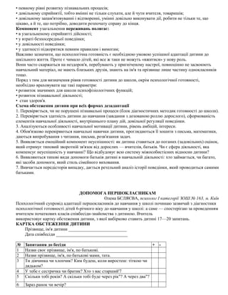 • певному рівні розвитку пізнавальних процесів;
• довільному сприйнятії, тобто вмінні не тільки слухати, але й чути вчителя, товаришів;
• довільному запам'ятовуванні і відтворенні, умінні довільно виконувати дії, робити не тільки те, що
цікаво, а й те, що потрібно, доводити розпочату справу до кінця.
Компонент узагальнення переживань полягає:
• в узагальненому сприйнятті дійсності;
• у втраті безпосередньої поведінки;
• у довільності поведінки;
• у здатності підкорятися певним правилам і вимогам;
Важливо зазначити, що психологічна готовність є необхідною умовою успішної адаптації дитини до
шкільного життя. Проте є чимало дітей, які все ж таки не можуть «вжитися» у нову роль.
Вони часто скаржаться на нездоров'я, перебувають у пригніченому настрої, повноцінно не засвоюють
навчальний матеріал, не мають близьких друзів, знають на ім'я та прізвище лише частину однокласників
тощо.
Поряд з тим для визначення рівня готовності дитини до школи, окрім психологічної готовності,
необхідно враховувати ще такі параметри:
• розвиток значимих для школи психофізіологічних функцій;
• розвиток пізнавальної діяльності;
• стан здоров'я.
Схема обстеження дитини при всіх формах дезадаптації
1. Перевіряється, чи не порушені пізнавальні процеси (блок діагностичних методик готовності до школи).
2. Перевіряється здатність дитини до навчання (завдання з дозованою роллю дорослого), сформованість
елементів навчальної діяльності, внутрішнього плану дій, довільної регуляції поведінки.
3. Аналізуються особливості навчальної мотивації дитини, рівень амбіцій, інтереси.
4. Обов'язково перевіряються навчальні навички дитини, проглядаються її зошити з письма, математики,
даються випробування з читання, письма, розв'язання задач.
5. Виявляється емоційний компонент неуспішності: як дитина ставиться до поганих (задовільних) оцінок,
який отримує типовий зворотній зв'язок від дорослих — вчителів, батьків. Чи є сфера діяльності, яка
компенсує неуспішність у навчанні? Що відбудовує всю систему міжособистісних відносин дитини?
6. Виявляються типові види допомоги батьків дитині в навчальній діяльності: хто займається, чи багато,
які засоби допомоги, який стиль сімейного виховання.
7. Вивчається передісторія випадку, дається ретельний аналіз історії поведінки, який проводиться самими
батьками.
ДОПОМОГА ПЕРШОКЛАСНИКАМ
Олена БЄЛЯЄВА, психолог І категорії ЗОШ № 163, м. Київ
Психологічний супровід адаптації першокласників до навчання у школі починаю зазвичай з діагностики
психологічної готовності дітей 6-річного віку до навчання у школі: а саме — спостерігаю за проведенням
вчителем початкових класів співбесіди-знайомства з дитиною. Вчитель
використовує картку обстеження дитини, з якої вибірково ставить дитині 17—20 запитань.
КАРТКА ОБСТЕЖЕННЯ ДИТИНИ
Прізвище, ім'я дитини __________________________
Дата співбесіди ________________________________
№ Запитання до бесіди + -
1 Назви своє прізвище, ім'я, по батькові.
2 Назви прізвище, ім'я, по батькові мами, тата.
3 Ти дівчинка чи хлопчик? Ким будеш, коли виростеш: тіткою чи
дядьком?
4 У тебе є сестричка чи братик? Хто з вас старший'7
5 Скільки тобі років? А скільки тобі буде через рік"? А через два"?
6 Зараз ранок чи вечір?
 