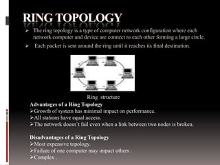 The ring topology is a type of computer network configuration where each
network computer and device are connect to each other forming a large circle.
 Each packet is sent around the ring until it reaches its final destination.
Ring structure
Advantages of a Ring Topology
Growth of system has minimal impact on performance.
All stations have equal access.
The network doesn`t fail even when a link between two nodes is broken.
Disadvantages of a Ring Topology
Most expensive topology.
Failure of one computer may impact others .
Complex .
 