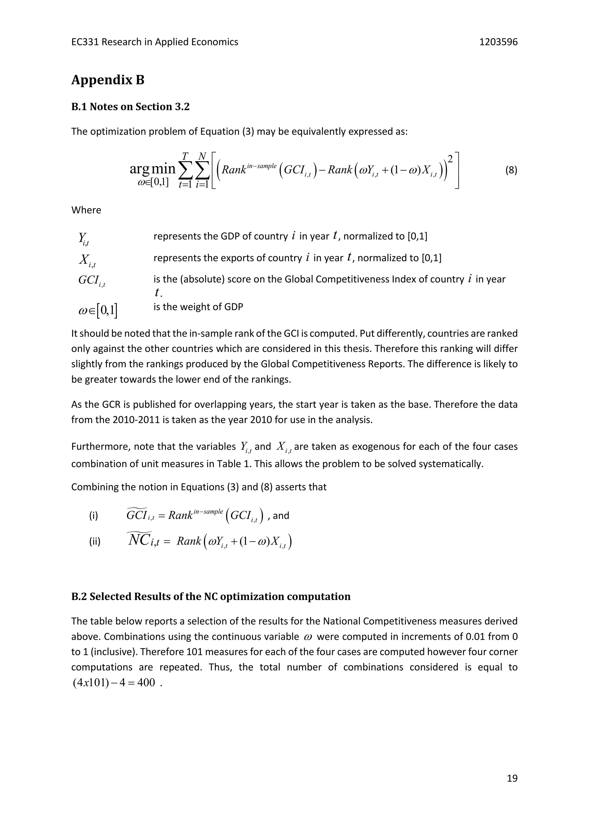 EC331 Research in Applied Economics 1203596
19
Appendix B
B.1 Notes on Section 3.2
The optimization problem of Equation (3) may be equivalently expressed as:
    , , ,
2
[0,1] 1 1
(1 )argmin in sample
i t i t i t
T N
t i
Rank GCI Rank Y X

 
  
 
   
  
 (8)
Where
,i tY represents the GDP of country i in year t, normalized to [0,1]
,i tX represents the exports of country i in year t, normalized to [0,1]
,i tGCI is the (absolute) score on the Global Competitiveness Index of country i in year
t.
 0,1 is the weight of GDP
It should be noted that the in-sample rank of the GCI is computed. Put differently, countries are ranked
only against the other countries which are considered in this thesis. Therefore this ranking will differ
slightly from the rankings produced by the Global Competitiveness Reports. The difference is likely to
be greater towards the lower end of the rankings.
As the GCR is published for overlapping years, the start year is taken as the base. Therefore the data
from the 2010-2011 is taken as the year 2010 for use in the analysis.
Furthermore, note that the variables ,i tY and ,i tX are taken as exogenous for each of the four cases
combination of unit measures in Table 1. This allows the problem to be solved systematically.
Combining the notion in Equations (3) and (8) asserts that
(i)   , ,
in sample
i t i tGCI Rank GCI
 , and
(ii) 
,i tNC   , ,(1 )i t i tRank Y X  
B.2 Selected Results of the NC optimization computation
The table below reports a selection of the results for the National Competitiveness measures derived
above. Combinations using the continuous variable  were computed in increments of 0.01 from 0
to 1 (inclusive). Therefore 101 measures for each of the four cases are computed however four corner
computations are repeated. Thus, the total number of combinations considered is equal to
(4 101) 4 400x   .
 