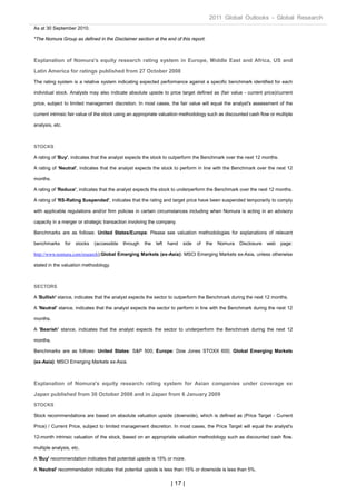2011 Global Outlooks - Global Research
As at 30 September 2010.

*The Nomura Group as defined in the Disclaimer section at the end of this report.



Explanation of Nomura's equity research rating system in Europe, Middle East and Africa, US and

Latin America for ratings published from 27 October 2008
The rating system is a relative system indicating expected performance against a specific benchmark identified for each

individual stock. Analysts may also indicate absolute upside to price target defined as (fair value - current price)/current

price, subject to limited management discretion. In most cases, the fair value will equal the analyst's assessment of the

current intrinsic fair value of the stock using an appropriate valuation methodology such as discounted cash flow or multiple

analysis, etc.



STOCKS

A rating of 'Buy', indicates that the analyst expects the stock to outperform the Benchmark over the next 12 months.

A rating of 'Neutral', indicates that the analyst expects the stock to perform in line with the Benchmark over the next 12

months.

A rating of 'Reduce', indicates that the analyst expects the stock to underperform the Benchmark over the next 12 months.

A rating of 'RS-Rating Suspended', indicates that the rating and target price have been suspended temporarily to comply

with applicable regulations and/or firm policies in certain circumstances including when Nomura is acting in an advisory

capacity in a merger or strategic transaction involving the company.

Benchmarks are as follows: United States/Europe: Please see valuation methodologies for explanations of relevant

benchmarks       for   stocks   (accessible   through   the   left   hand   side   of   the   Nomura   Disclosure   web   page:

http://www.nomura.com/research);Global Emerging Markets (ex-Asia): MSCI Emerging Markets ex-Asia, unless otherwise

stated in the valuation methodology.



SECTORS

A 'Bullish' stance, indicates that the analyst expects the sector to outperform the Benchmark during the next 12 months.

A 'Neutral' stance, indicates that the analyst expects the sector to perform in line with the Benchmark during the next 12

months.

A 'Bearish' stance, indicates that the analyst expects the sector to underperform the Benchmark during the next 12

months.

Benchmarks are as follows: United States: S&P 500; Europe: Dow Jones STOXX 600; Global Emerging Markets

(ex-Asia): MSCI Emerging Markets ex-Asia.



Explanation of Nomura's equity research rating system for Asian companies under coverage ex

Japan published from 30 October 2008 and in Japan from 6 January 2009
STOCKS

Stock recommendations are based on absolute valuation upside (downside), which is defined as (Price Target - Current

Price) / Current Price, subject to limited management discretion. In most cases, the Price Target will equal the analyst's

12-month intrinsic valuation of the stock, based on an appropriate valuation methodology such as discounted cash flow,

multiple analysis, etc.

A 'Buy' recommendation indicates that potential upside is 15% or more.

A 'Neutral' recommendation indicates that potential upside is less than 15% or downside is less than 5%.

                                                                      | 17 |
 