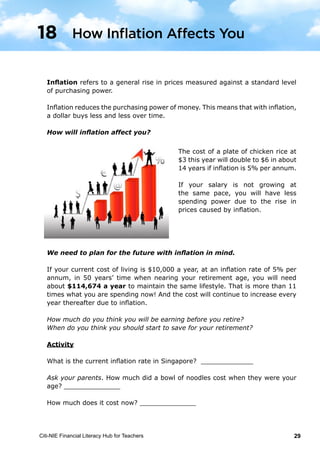 Citi-NIE Financial Literacy Hub for Teachers 29© Citi-NIE Financial Literacy Hub for Teachers 29
Inflation refers to a general rise in prices measured against a standard level of
purchasing power.
Inflation reduces the purchasing power of money. This means that with inflation,
a dollar buys less and less over time.
How will inflation affect you?
The cost of a plate of chicken rice at $3
this year will double to $6 in about 14
years if inflation of 5% per annum is
causing the weakening buying power of
money.
If your salary is not growing at the
same pace, you will have less spending
power due to the rise in prices caused
by inflation.
We need to plan for the future with inflation in mind.
If your current cost of living is $10,000 a year, at an inflation rate of 5% per
annum, in 50 years’ time when nearing your age of retirement, you will need
about $114,674 a year to maintain your same lifestyle now. That is more than
11 times what you are spending now! And the cost will continue to increase
every year thereafter due to inflation.
How much do you think you will be earning before you retire?
When do you think you should start to save for your retirement?
Activity
What is the current inflation rate in Singapore? _____________
Ask your parents. How much did a bowl of noodles cost when they were your
age? ______________
How much does it cost now? ______________
18 How Inflation Affects You
Inflation refers to a general rise in prices measured against a standard level
of purchasing power.
Inflation reduces the purchasing power of money. This means that with inflation,
a dollar buys less and less over time.
How will inflation affect you?
The cost of a plate of chicken rice at
$3 this year will double to $6 in about
14 years if inflation is 5% per annum.
If your salary is not growing at
the same pace, you will have less
spending power due to the rise in
prices caused by inflation.
We need to plan for the future with inflation in mind.
If your current cost of living is $10,000 a year, at an inflation rate of 5% per
annum, in 50 years’ time when nearing your retirement age, you will need
about $114,674 a year to maintain the same lifestyle. That is more than 11
times what you are spending now! And the cost will continue to increase every
year thereafter due to inflation.
How much do you think you will be earning before you retire?
When do you think you should start to save for your retirement?
Activity
What is the current inflation rate in Singapore? _____________
Ask your parents. How much did a bowl of noodles cost when they were your
age? ______________
How much does it cost now? ______________
How Inflation Affects You18
 
