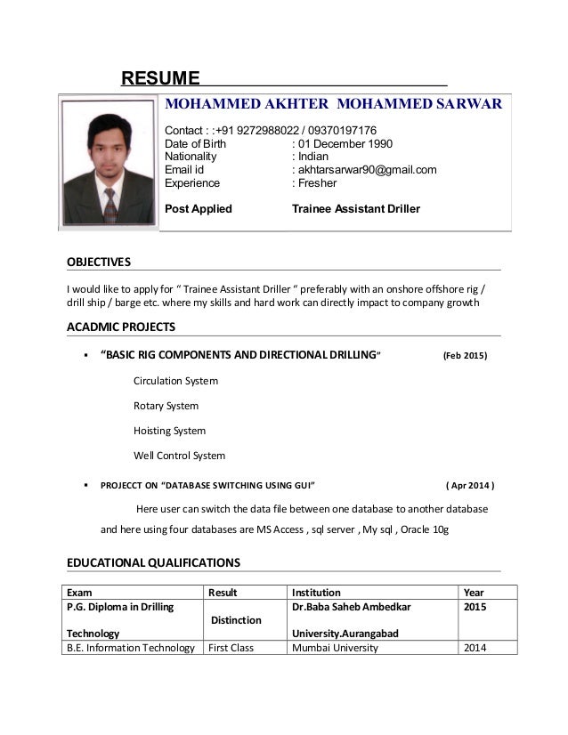diamond driller helper resume