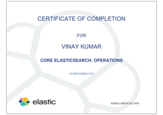 CERTIFICATE OF COMPLETION
FOR
CORE ELASTICSEARCH: OPERATIONS
VINAY KUMAR
20 SEPTEMBER 2016
ENROLLMENT ID:14593
 