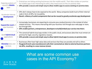 Exposing systems of
record to Mobile
apps
• Enterprises are taking existing businesses into the mobile world. Their data resides on-premise.
For mobile apps to be interesting & useful, they need access to this on-premise data.
• APIs provide a secure and simple way to allow mobile apps to access existing on-premise data.
Accelerate internal
development
• APIs don’t always have to be exposed to the world. Many companies build much of their internal
code in form of APIs, for reusability.
• Result: a library of useful components that can be reused to greatly accelerate app development
Expand the reach of
your business
• Increasingly, businesses are expecting to consume your product/service in the context of other
related services. This means interacting with your business not through your web page or store,
but through APIs
• APIs enable partners, entrepreneurs, developers to build/embed your service into theirs
Build hybrid cloud
applications
• The canonical hybrid cloud app resides in the public cloud, and accesses data that must remain on-
premise for legal, security, regulatory reasons.
• APIs provide a secure and simple way to allow hybrid cloud apps to access on-premise data
Monetize data and
services
• Businesses often have high-value data and services that they can provide and sell to others
• Peugeot (French auto manufacturer) sells their connected car data to external business partners
via APIs, resulting in a new revenue stream
1
2
3
4
5
What are some common use
cases in the API Economy?
 