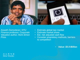 • Estimate global taxi market
• Estimate market share
• Est. risk adjusted cash flow
• Consider proprietary methods, barriers
to competition
• Value: $5.9 Billion
Aswath Damodaran: NYU
Finance professor, Corporate
Valuation author, Herb Simon
Prize.
 