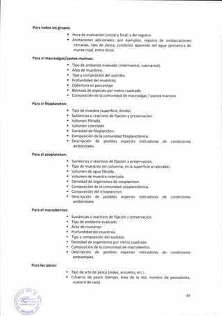 Para elfitoplanaton:
Pará todos los Srupos;
. Hora de evaluac¡ón (inic¡al y f¡nal) y del ret¡stro
¡ Anotaciones ad¡c¡onales: por ejemplos, registro de embaraac¡ones
cercanas, tipo de pesca, condición aparente del agua (presencia de
marea roja), entre otros.
PaÉ el macroalgas/pastos mar¡nos:
f¡po de ambiente evaluado (intermareal, s¡.tbmáreal).
Area de muestreo.
Tipo y composición del sustrato.
Profuñd¡dad del muestreo.
Cobertura en porcentaje
Biomasa de espec¡es por metro cuadrado
Composición de la comunidad de macroalgas/ pastos marinos
Tipo de muestra (superf¡c¡e, fondo).
Sustancias o re¿(tivos de fiJación y preservación.
Vo¡umen filtrado.
Volumen colectado.
Densidad de fitoplancton.
Composición de Ia comunidad fitoplanctdnica.
Descr¡pc¡ón de posibles especies ind¡cadoras de condic¡ones
amb¡entales.
Sustanc¡as o reactivos de fiiación y preservác¡ón.
Tipo de muestreo (en columna, eñ la superfic¡e arrastrada).
Volumen de agua filtradá.
Volumen de muestra colectada.
Densidad de olgan¡smos de zooplancton.
Composición de la comunidad zooplanctónica.
Composición del ict¡oplancton.
Descr¡pc¡ón de posibles especies ind¡cadoras de cond¡ciones
amb¡entales.
Sustancias o reactivos de fijación y preservac¡ón.
T¡po de ambiente evaluado.
Área de muestreo.
Profundidad del muestreo.
T¡po y compos¡ción delsustrato.
Densidad de organ¡smos por metro cuadrado.
Composición de la comun¡dad de macrobéñtos.
Descr¡pc¡ón de posibles especies indicadoras de condic¡ones
amb¡entales.
T¡po de arte de pesca (redes, anzuelos, etc.).
Esfuerzo de pesca (t¡empo, área de fa red, número de pes€adores,
número de cala).
Para elzooplaoctonr
Pa.a elmaarobentos:
Perá los peces:
88
 